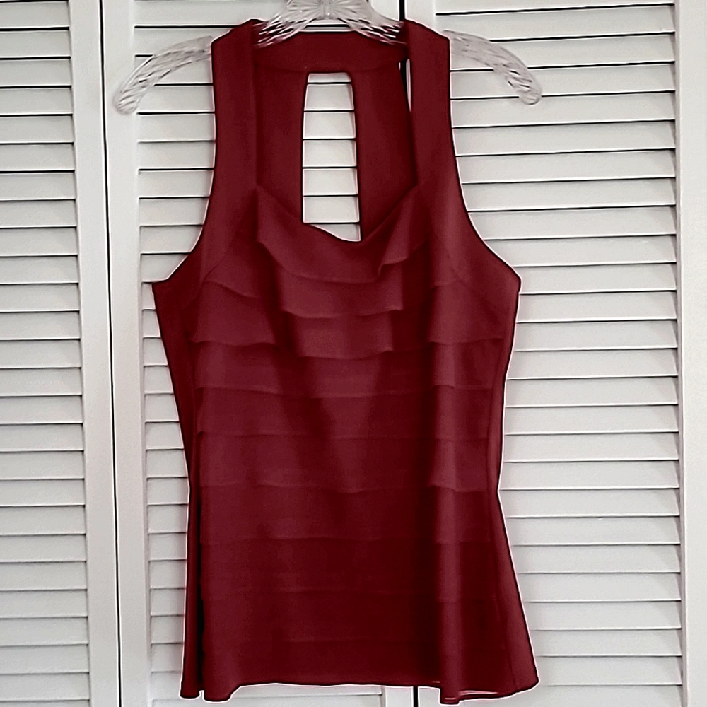 White House Black Market Burgundy Sleeveless Ruffle Front Top